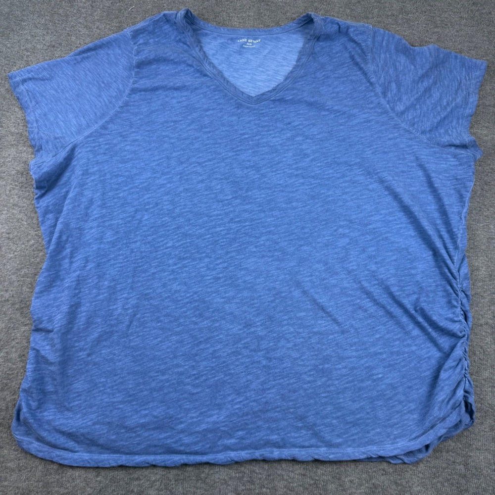 Lane Bryant V-Neck T-Shirt Womens 26/28 Blue Side Ruched Slub Cotton Tee